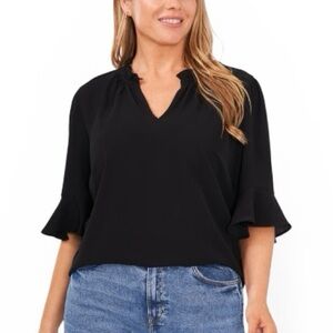 CeCe Black Split Neck Blouse Flutter-Sleeve Blouse - 2X